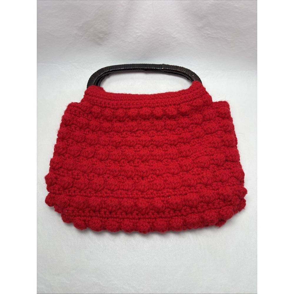 Vtg 80s Handmade Handbag Purse Handle Red Boho Crochet Bag Festival Grannycore